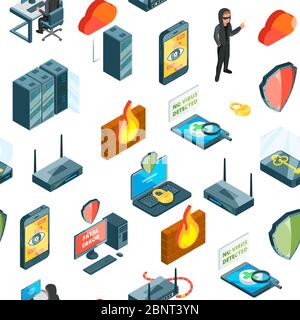 Vector isometric data and computer safety icons pattern or background illustration Stock Vector