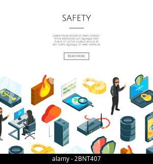 Vector isometric data and computer safety icons illustration Stock Vector