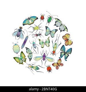 Vector hand drawn insects in circle shape illustration Stock Vector