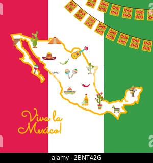 Vector flat Mexico attributes on map mexican flag Stock Vector