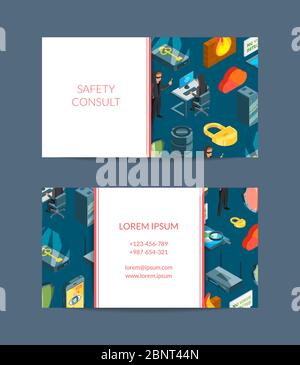 Vector isometric data and computer safety icons business card Stock Vector