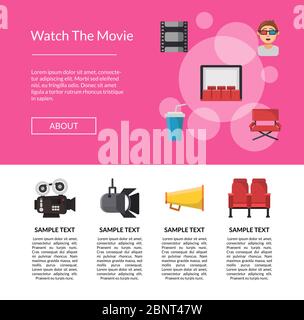Vector flat cinema icons landing page template illustration Stock Vector