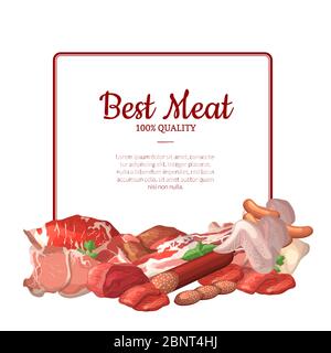 Vector frame with place for text with pile of cartoon meat elements below illustration Stock Vector
