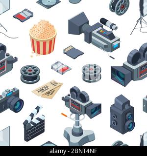 Vector cinematograph isometric elements pattern or background illustration Stock Vector