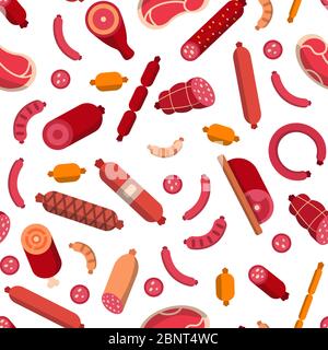 Vector flat meat and sausages icons pattern background illustration Stock Vector