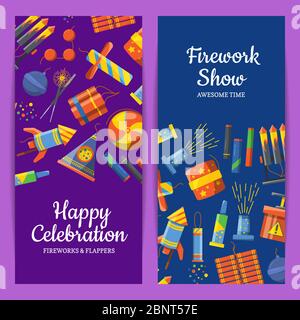 Vector cartoon pyrotechnics vertical flyer templates for party, firework show or pyrotehcnics company Stock Vector