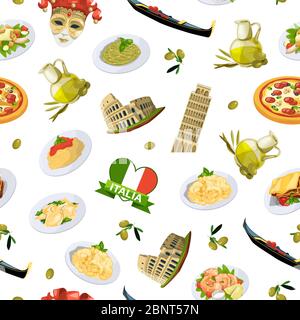Vector cartoon italian cuisine elements pattern or background illustration Stock Vector