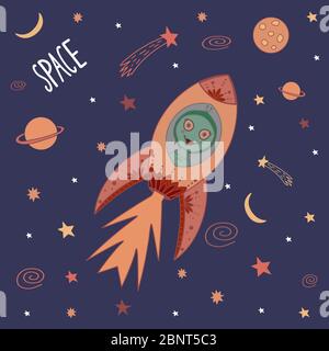 Colorful cute cartoon doodle rocket with green female alien in outer space. Galaxy pattern for prints on t-shirt, fabric, paper. Vector stock Stock Vector