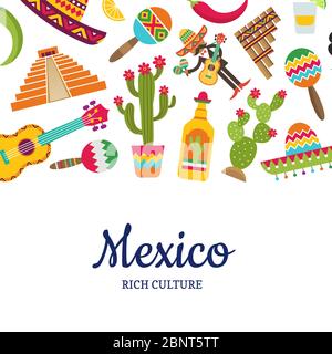 Vector flat Mexico attributes background with place for text illustration Stock Vector