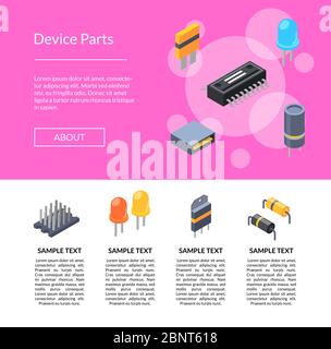 Vector isometric microchips and electronic parts icons Stock Vector