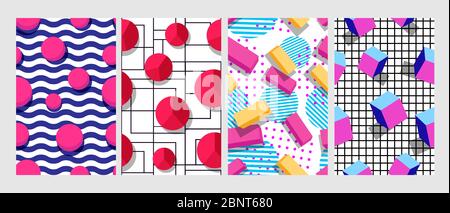 Set of different creative abstract design geometric seamless pattern futuristic bright figures Stock Vector