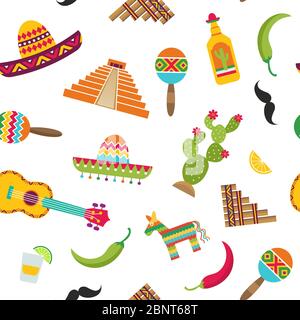 Vector flat Mexico attributes pattern or background illustration Stock Vector