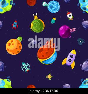 Vector pattern or background illustration with cartoon space planets and ships Stock Vector