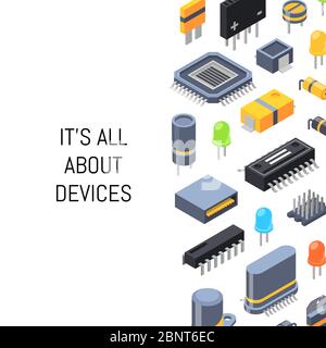 Vector isometric microchips and electronic parts icons illustration Stock Vector