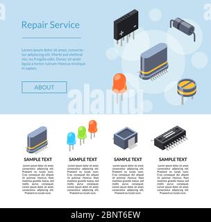 Vector isometric microchips and electronic parts icons illustration Stock Vector