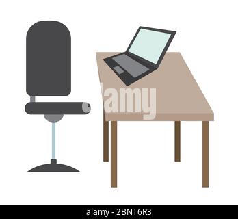 Computer desk illustration in flat color style. Table, computer and chair. Stock Vector