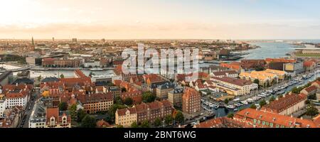 Panoramic top view of the Copenhagen channels from the Christianshavn neighborhood at sunset. Denmark. Urban travels Stock Photo