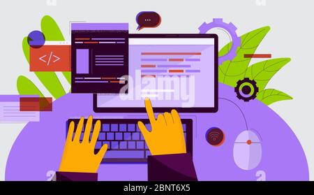 Cartoon human hands typing on keyboard of computer desktop vector flat illustration Stock Vector