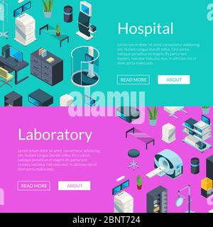 Vector isometric hospital icons web banner illustration Stock Vector