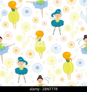 Cartoon girl ballerina surrounded by colorful dandelion vector flat illustration Stock Vector