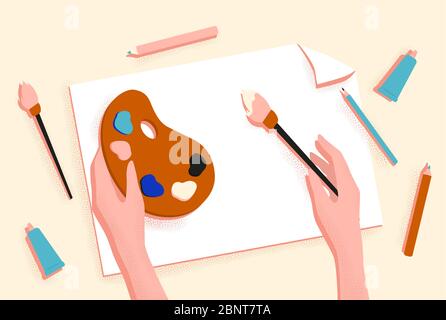Female hands drawing picture with brush, paint and pencil vector graphic illustration Stock Vector