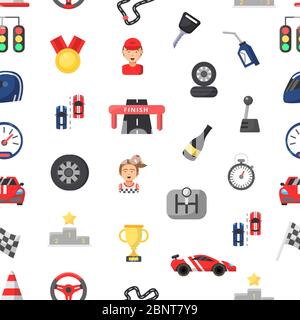 Car racing seamless pattern. Vector flat car racing icons Stock Vector