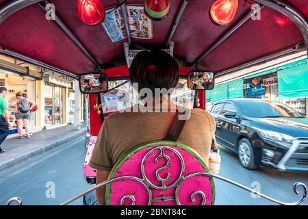 Downtown, Bangkok / Thailand - February 12, 2020: Name of this vehicle Tuk Tuk or Tuktuk, the vehicles have three wheels Stock Photo