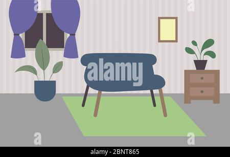 Room vector illustration in flat color style. Armchair, windows, curtains, carpet, nightstand and flowers. Stock Vector