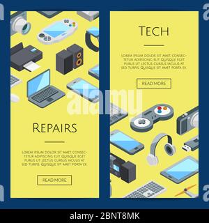Gadgets banners. Vector isometric gadgets icons web illustration Stock Vector