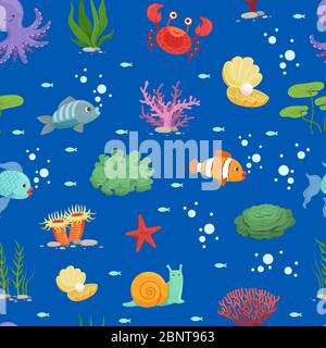 Vector cartoon underwater creatures and seaweed pattern or background illustration Stock Vector