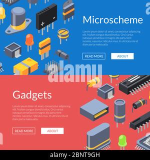 Vector isometric microchips and electronic parts icons Stock Vector