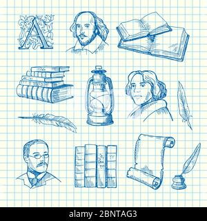 Vector hand drawn theatre elements set on blue cell sheet background illustration Stock Vector