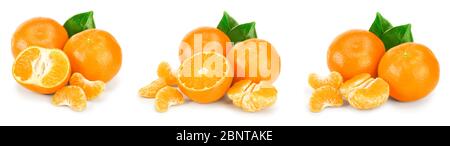 tangerine or mandarin fruit with leaves isolated on white background. Set or collection. Stock Photo