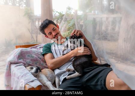 young man sitting in a chair in the garden behind a mosquito net, strokes the head of a black cat sitting on his side. There is a dog sleeping on the Stock Photo