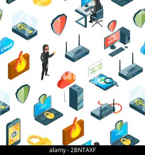 Vector isometric data and computer safety icons pattern or illustration Stock Vector