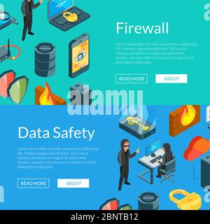 Vector isometric data and computer safety icons web banner templates illustration Stock Vector