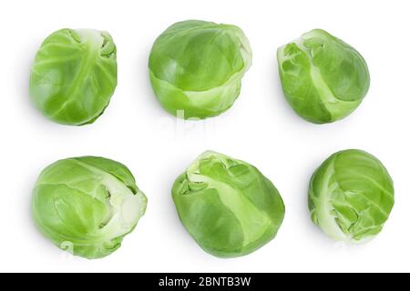 Brussels sprouts isolated on white background with clipping path and full depth of field. Set or collection. Top view. Flat lay. Stock Photo