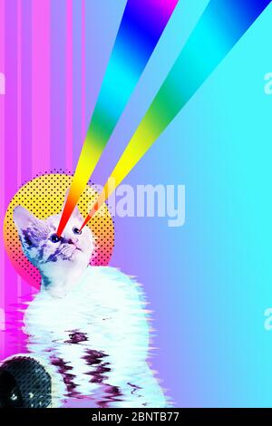 Pop art astronaut cat collage with rainbow rays, trendy contemporary concept design, vibrant vapor wave style background. Vertical orientation, copy s Stock Photo