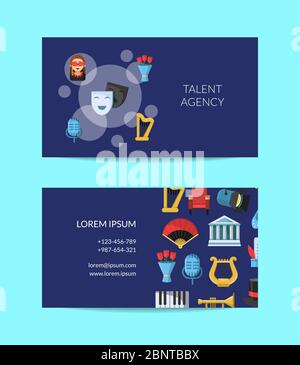 Vector flat theatre icons business card with theatrical pattern Stock Vector