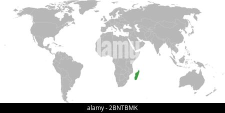 Madagascar highlighted green on world map. Asian country. Perfect for business concepts, backgrounds, backdrop, poster, chart, banner, label, sticker Stock Vector