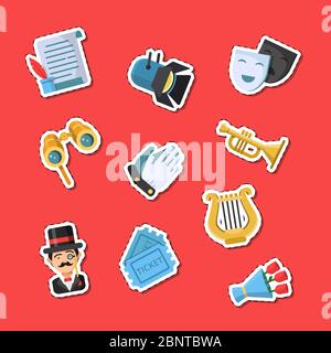 Vector flat theatre icons stickers set illustration Stock Vector