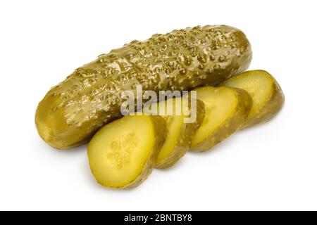 Marinated pickled cucumber isolated on white background with clipping path and full depth of field. Stock Photo