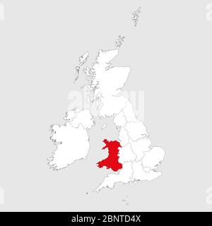 Wales map highlighted red on united kingdom map. Light gray background. Perfect for Business concepts, backgrounds, backdrop, chart, label, sticker, b Stock Vector