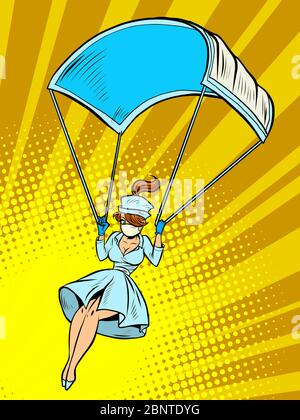 super hero nurse goes down on a parachute like a medical mask Stock Vector