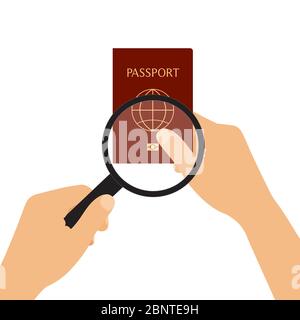 Flat design drawing illustration of hands holding biometric passport and magnifying glass. Tourist identity check - vector Stock Vector