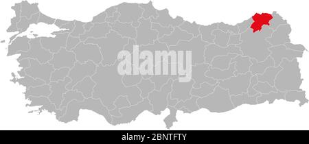 Artvin province marked red color on turkey map vector. Gray background. Stock Vector