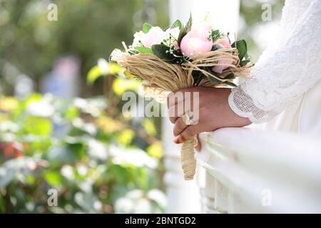 Wedding table setting in rustic style. Stock Photo