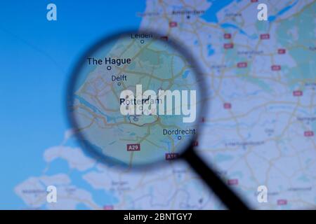 Los Angeles, California, USA - 1 May 2020: Rotterdam City Town name with location on map close up, Illustrative Editorial Stock Photo