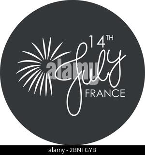 Bastille day concept, 14th July france lettering design and fireworks over white background, block silhouette style, vector illustration Stock Vector