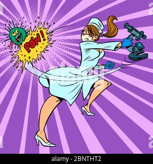 super hero nurse kills coronavirus, scientific research Stock Vector